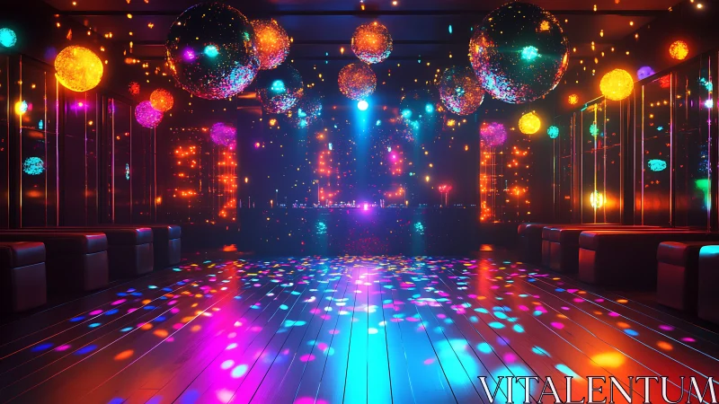 3D neon dance floor interior with prismatic light spheres.