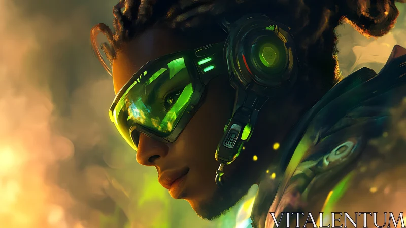 Futuristic profile portrait with neon visor and headset.
