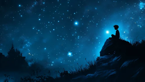 Silhouetted child on moonlit cliff under dense starfield.