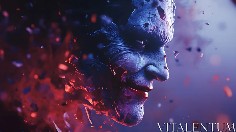 Shattered grinning visage dissolving into neon embers.