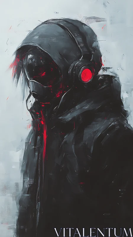 Hooded cybernetic sentinel with respirator and red audio cores.