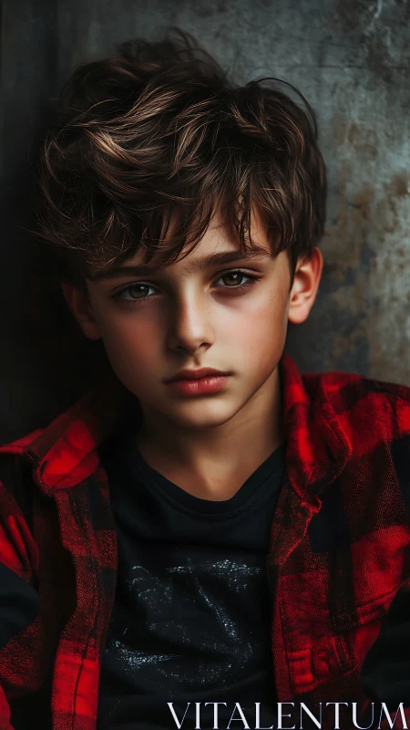 Young Boy Portrait in Red Plaid Shirt.