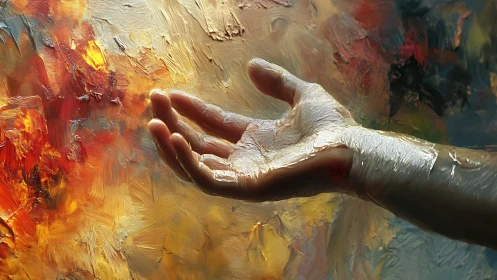 Outstretched hand glides through molten abstract light.