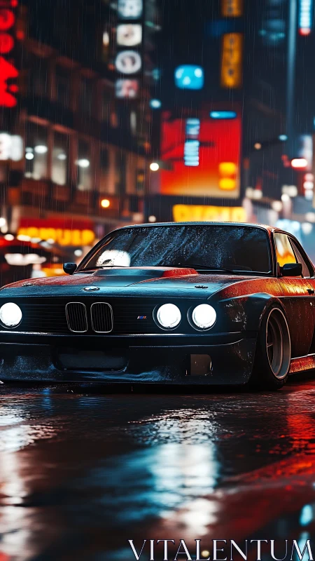 Retro BMW coupe in neon lit rain soaked cyberpunk avenue