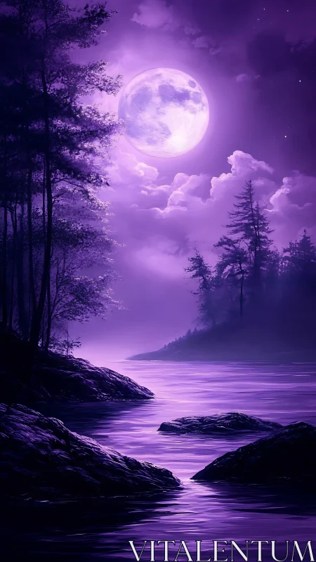 Moonlit violet river winding through a dreamy forest night.