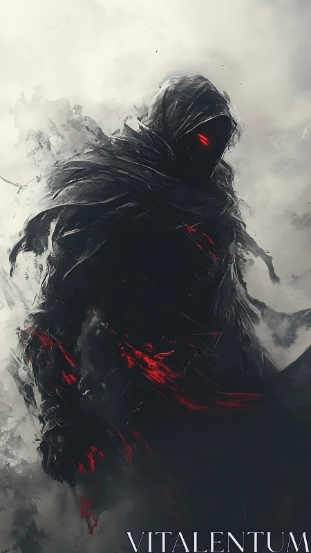 Shadowed flame walker emerges from swirling winter gloom.