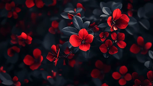 Vibrant red flowers bloom against dark foliage.