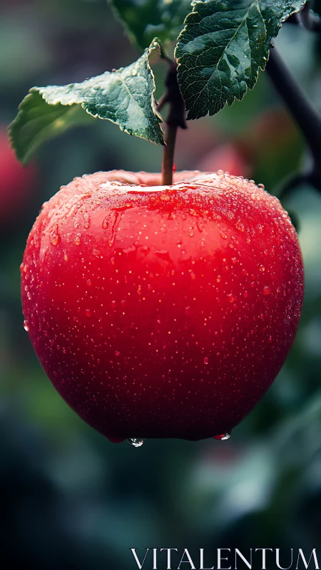 Macro study of dew-covered red apple in shallow focus