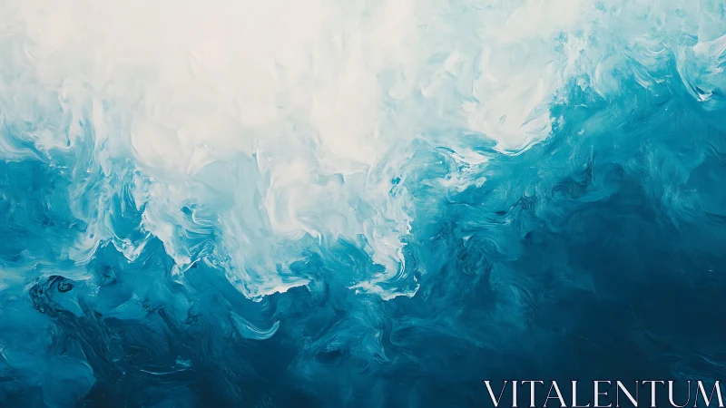 Abstract ocean waves in blue and white, fluid acrylic painting style.
