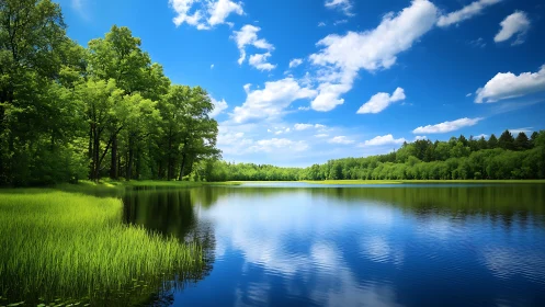 Calm forest lake reflects vivid blue sky and soft clouds.