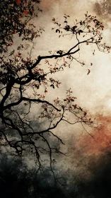 Tree branch silhouette crosses textured dusk sky background