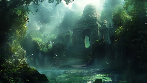Ancient stone temple hidden in misty jungle by water.