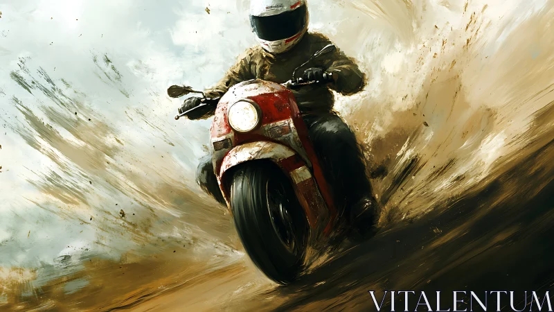 Motorcyclist on red bike traversing dirt spray field.