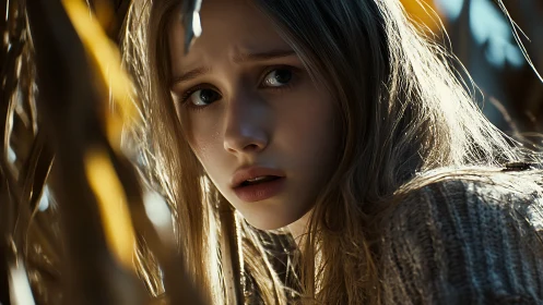 Worried young girl in close-up outdoor portrait scene.
