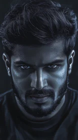 Intense male portrait glows with cold, cinematic resolve
