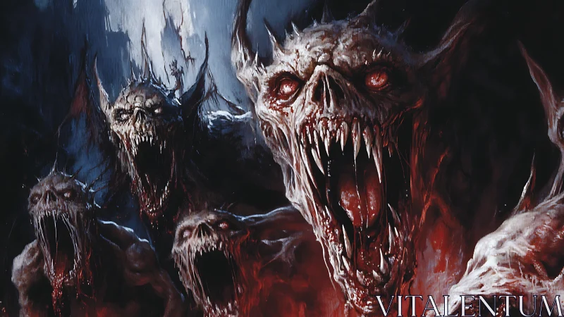Nightmarish vampiric horde lunging from bloodlit shadows.