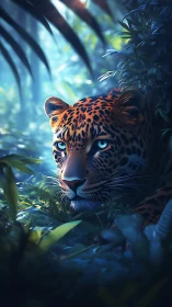 Moonlit jungle leopard rests quietly among glowing leaves