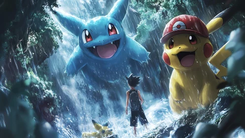 Stormlit jungle summons giant playful creatures above trainer.