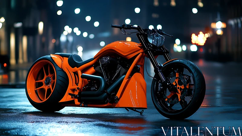 Neon-lit custom pro-street motorcycle on reflective urban asphalt.