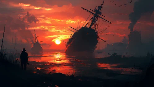 Sunset wanderer watching quiet ships fade into mist.