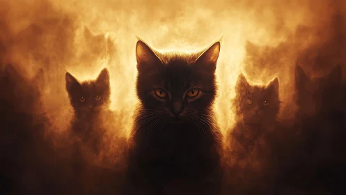 Three Black Cats Against Golden Ethereal Light.