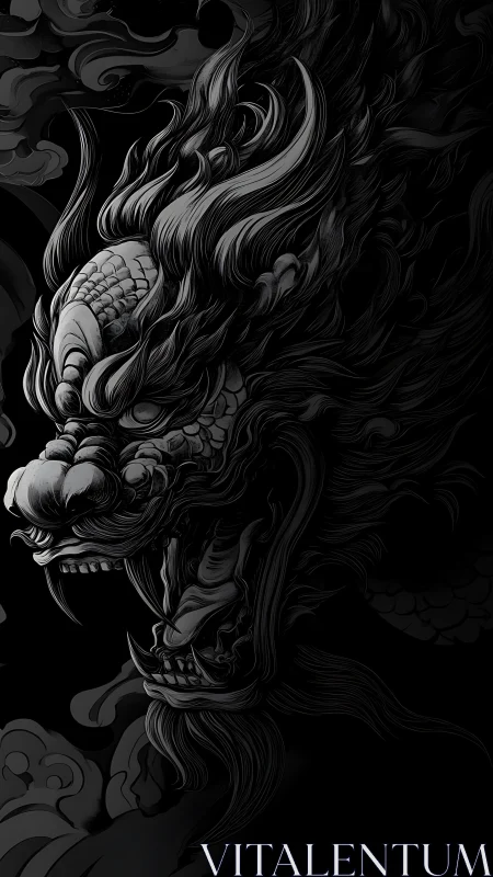 Monochrome dragon head illustration with flowing mane.