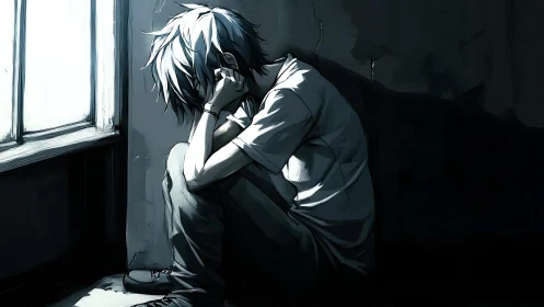 Solitary seated figure leans against a dim interior wall