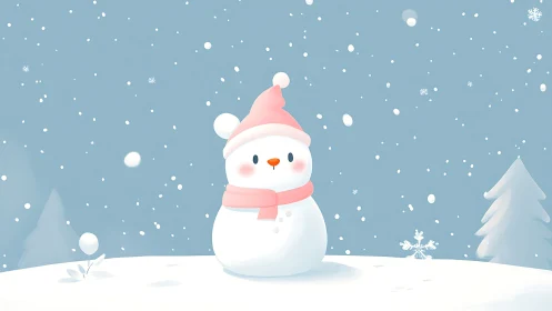 Cute snowman in pink hat under falling winter snow.