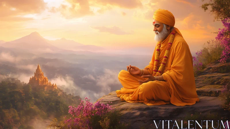 Meditating sage in saffron robes overlooks a sunrise temple
