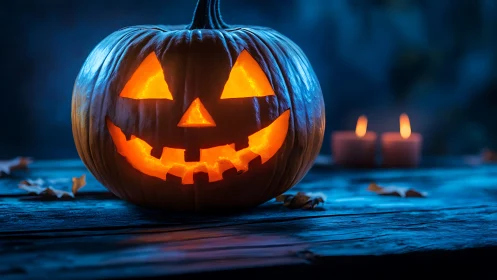 Carved jack o lantern on wooden table with candlelight glow.