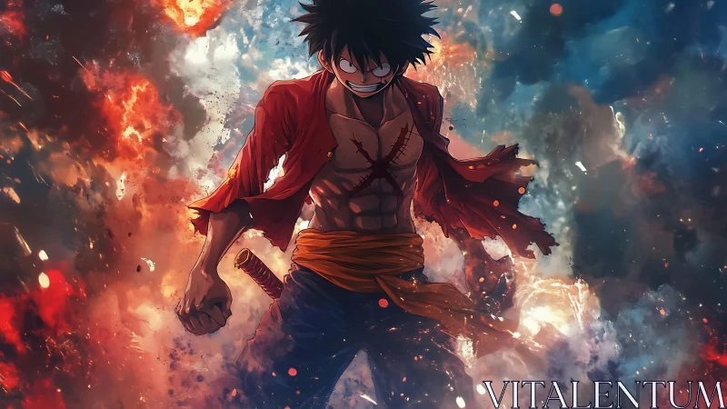 Anime fighter amid explosive clouds and dynamic lighting.