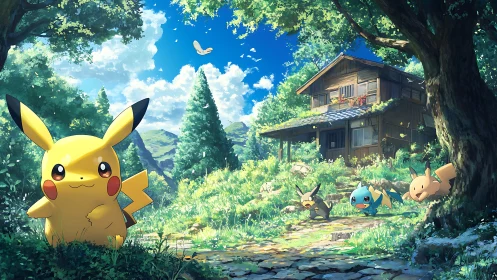 Pikachu and companions in high-saturation forest homestead scene.