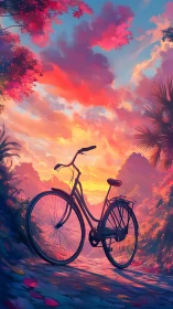 Bicycle silhouetted against dramatic colored sky and clouds.