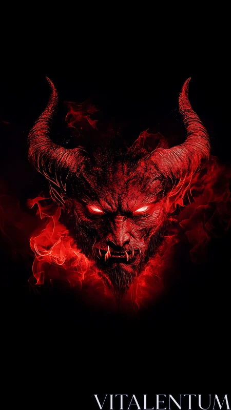 Fiery horned demon portrait glowing against deep darkness.