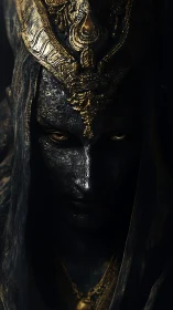 Dark-robed metallic deity portrait with ornate weathered gold crown