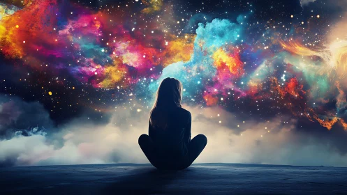 Silhouette observes multicolored cosmic nebula and star field