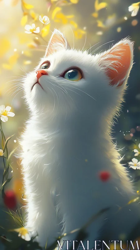 White kitten in soft light looking up at flowers.