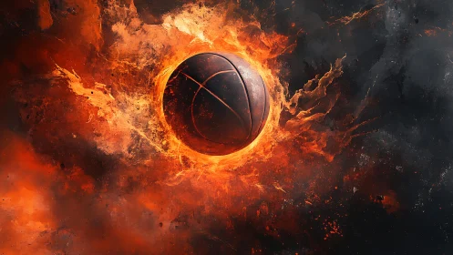 Molten basketball sphere cuts through erupting cosmic firestorm.