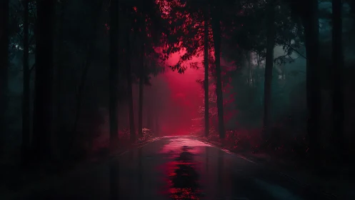 Forest Road at Dusk with Crimson Atmospheric Glow.