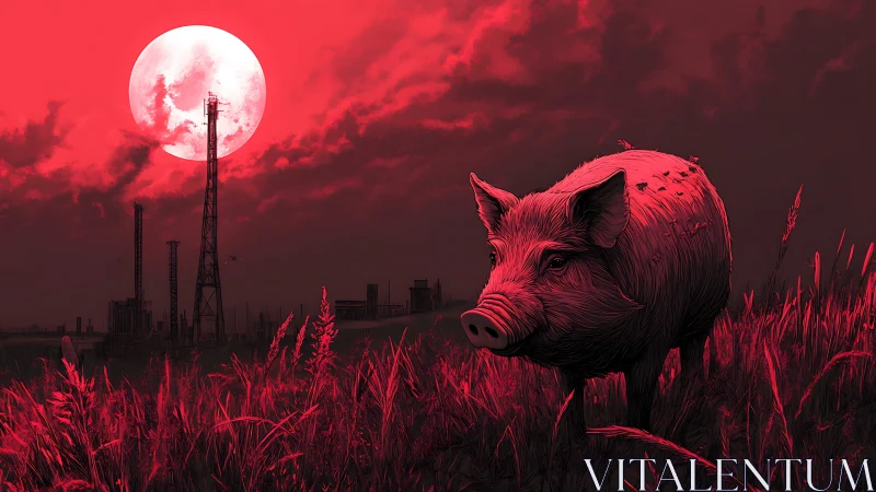 Wild boar stands in red field before industrial skyline