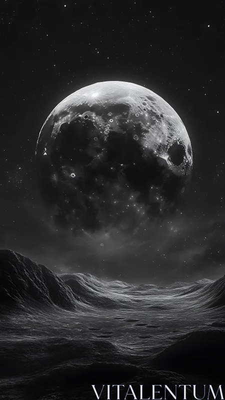 Luminous moon hangs over desolate alien valley at night.