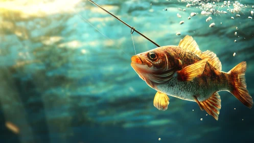 Golden fish rises toward sunlight on a bright fishing line