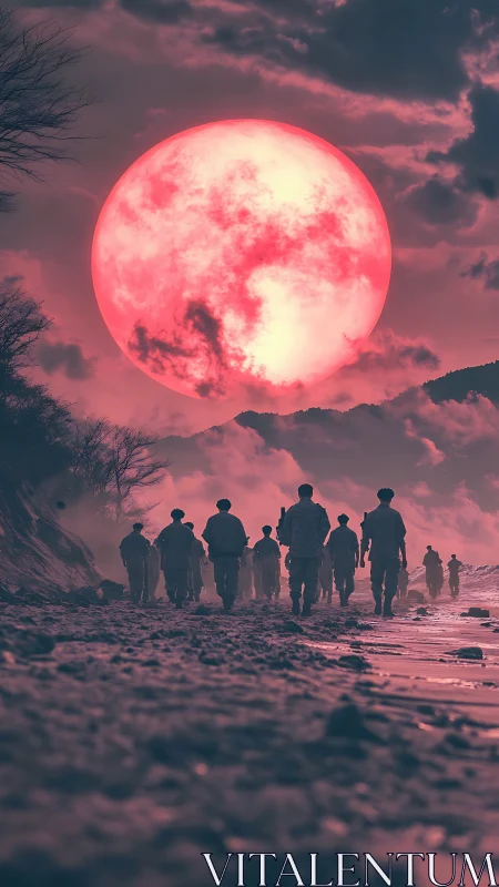 Blood-red supermoon over marching silhouettes at dusk.