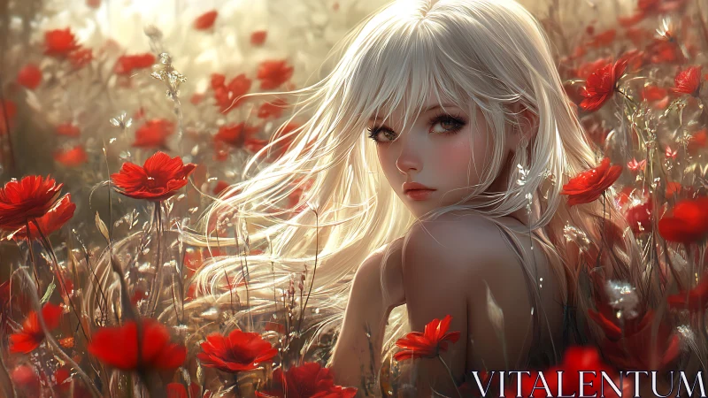 Blonde girl gazes back amid sunlit red poppy meadow