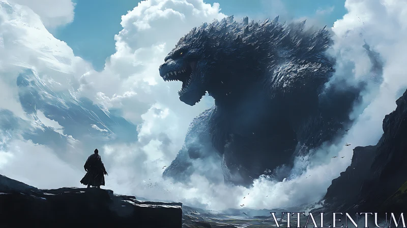 Lone cloaked warrior confronts colossal mountain beast
