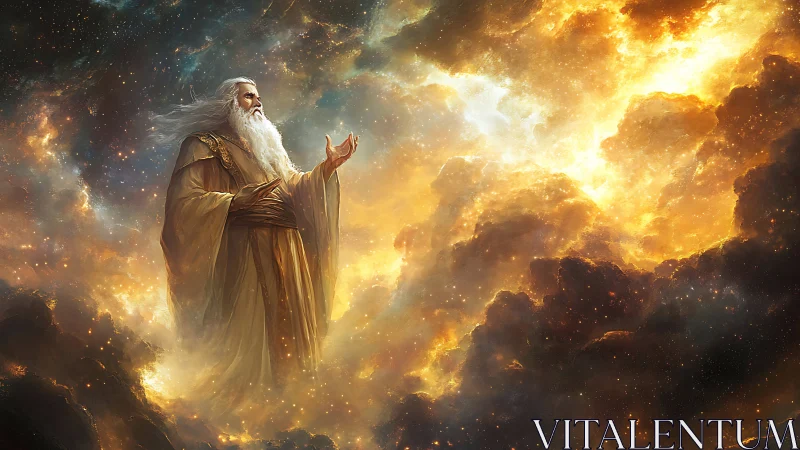 Ethereal elder figure emerges from luminous nebular cloudscape