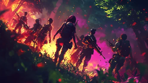 Armed squad advances through neon jungle firestorm at dusk