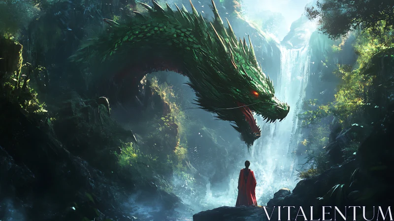 Lone robed figure confronts emerald dragon by misty falls