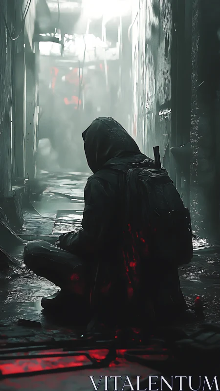 Hooded wanderer kneels in neon-lit, rain-soaked alleyway.