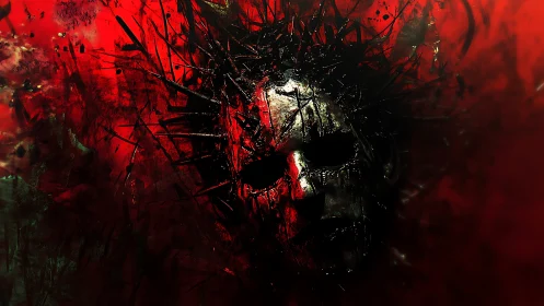 Distorted spiked human face emerging from red darkness.